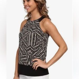 Calvin Klein Sleeveless Racerback Tunic Blouse with Faux Leather Shoulder Straps